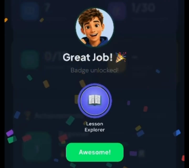 LearnerFlow celebration screen: Great Job, badge unlocked
