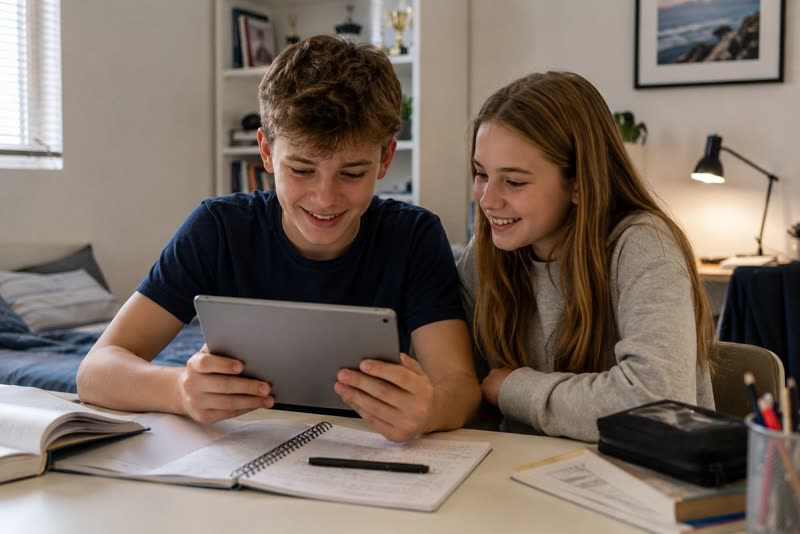 Two learners studying together at home with a tablet