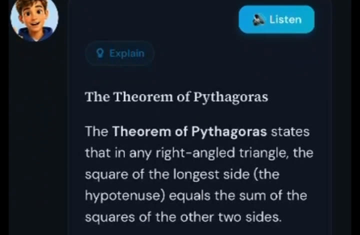 LearnerFlow lesson screen: the tutor explains the Theorem of Pythagoras in Explain mode